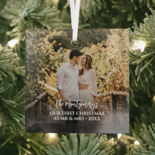 Eerste Kerstmis Mr. en Mrs. Foto Glas Ornament