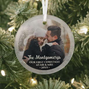 Eerste Kerstmis Mr. en Mrs. Foto Glas Ornament