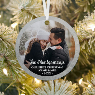 Eerste Kerstmis Mr. en Mrs. Foto Metalen Ornament