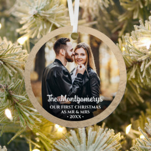 Eerste Kerstmis Mr. en Mrs. Foto Metalen Ornament