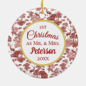 Eerste Kerstmis: Mr. en Mrs. Red Toile Deer Cerami Keramisch Ornament (Achterkant)