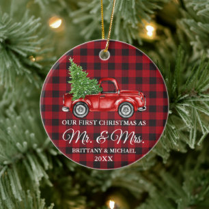 Eerste Kerstmis: Mr. en Mrs. Truck Red Pset Keramisch Ornament