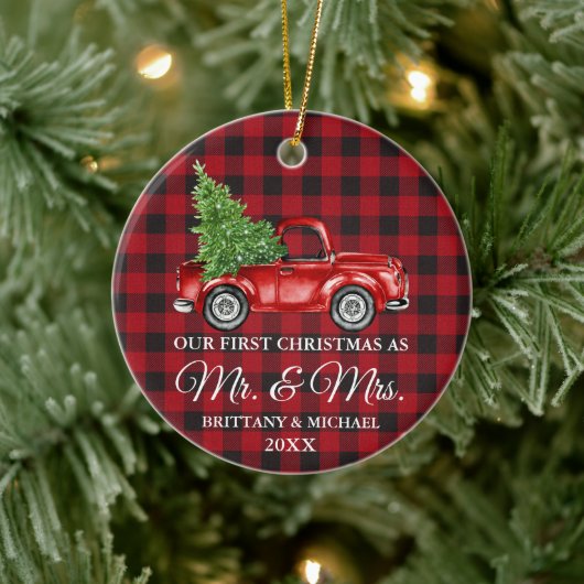 Eerste Kerstmis: Mr. en Mrs. Truck Red Pset Keramisch Ornament (Boom)