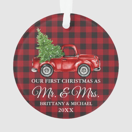 Eerste Kerstmis: Mr. en Mrs. Truck Red Pset. Ornament (achterkant)