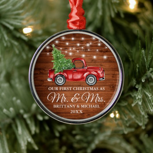 Eerste Kerstmis Mr. en Mrs Wood Lights Truck Metalen Ornament (Boom)