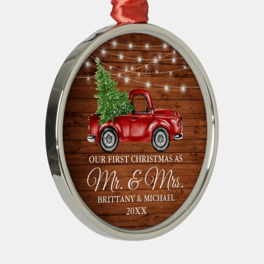 Eerste Kerstmis Mr. en Mrs Wood Lights Truck Metalen Ornament (Rechts)
