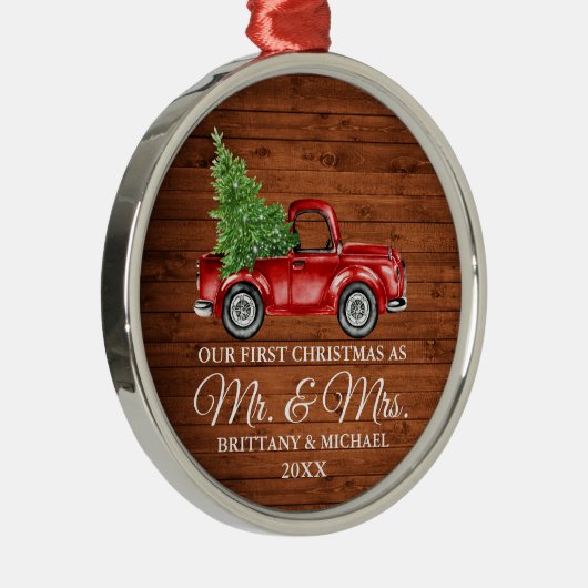 Eerste Kerstmis: Mr en Mrs Wood Truck Metalen Ornament (Rechts)