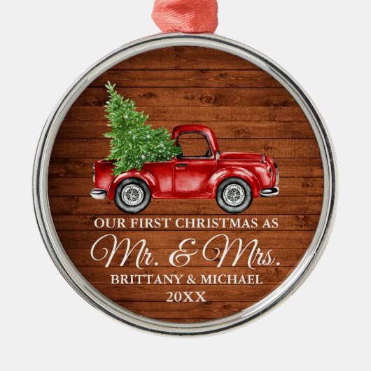 Eerste Kerstmis: Mr en Mrs Wood Truck Metalen Ornament (Voorkant)