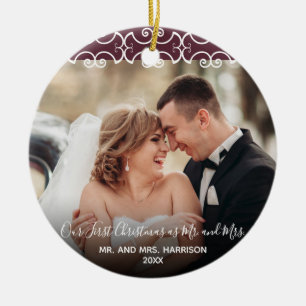Eerste Kerstmis Mr. Foto & Mrs Burgundy 2 Keramisch Ornament