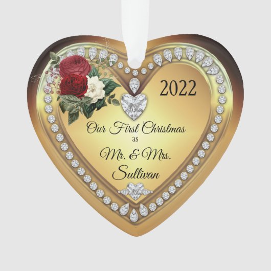 Eerste Kerstmis Mr. | Mevrouw Gold Diamonds Keepsl Ornament (voorkant)