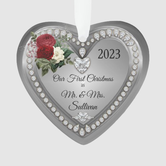 Eerste Kerstmis Mr. | Mevrouw Silver Diamonds Keep Ornament (voorkant)