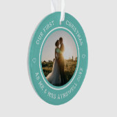 Eerste Kerstmis Mr. & Mrs. 2 Foto Modern Blauwgroe Ornament (voorkant)