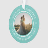 Eerste Kerstmis Mr. & Mrs. 2 Foto Modern Blauwgroe Ornament (voorkant)
