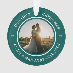 Eerste Kerstmis Mr & Mrs 2 Foto Modern Green Ornament
