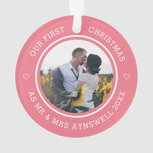 Eerste Kerstmis Mr & Mrs 2 Foto Modern Pink Ornament (achterkant)