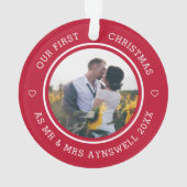 Eerste Kerstmis Mr & Mrs 2 Foto Modern Red Ornament (achterkant)