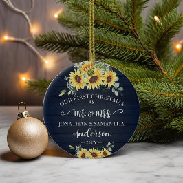Eerste Kerstmis Mr. & Mrs Blue Faux Wood Zonnebloe Keramisch Ornament