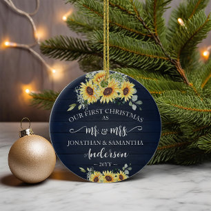 Eerste Kerstmis Mr. & Mrs Blue Faux Wood Zonnebloe Keramisch Ornament