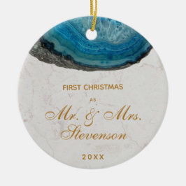 Eerste Kerstmis, Mr & Mrs Blue Geode Golden Script Keramisch Ornament