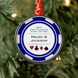 Eerste Kerstmis: Mr & Mrs Blue White Poker Chip Metalen Ornament