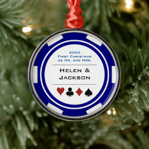 Eerste Kerstmis: Mr & Mrs Blue White Poker Chip Metalen Ornament