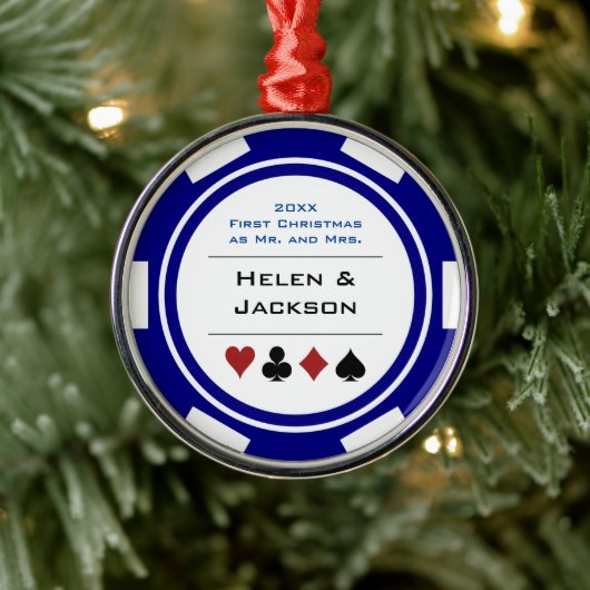 Eerste Kerstmis: Mr & Mrs Blue White Poker Chip Metalen Ornament (Boom)