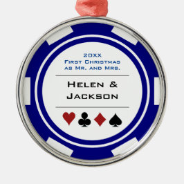 Eerste Kerstmis: Mr & Mrs Blue White Poker Chip Metalen Ornament