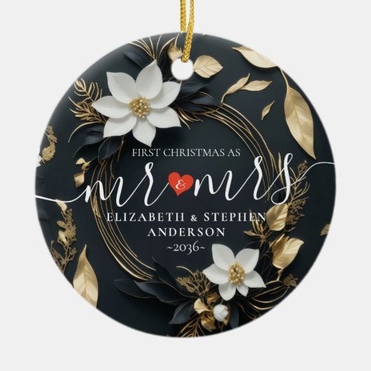 Eerste Kerstmis Mr. Mrs Bruiloft Witte Bloemen Kra Keramisch Ornament (Voorkant)