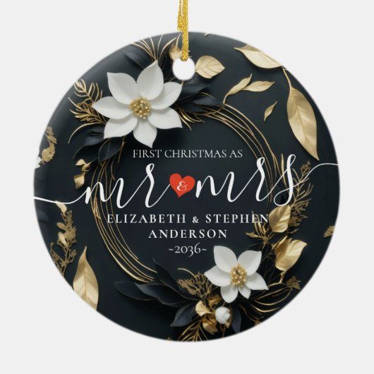 Eerste Kerstmis Mr. Mrs Bruiloft Witte Bloemen Kra Keramisch Ornament (Achterkant)