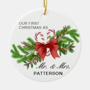 Eerste Kerstmis Mr & Mrs Candy Cane Bloemenfoto Keramisch Ornament