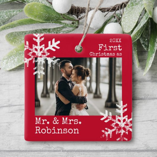 Eerste Kerstmis Mr & Mrs Custom Foto Sneeuwvlokken Keramisch Ornament