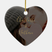 Eerste kerstmis Mr Mrs Gold Signature Script Foto Keramisch Ornament (Achterkant)