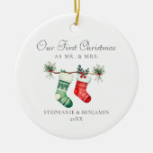 Eerste Kerstmis Mr. Mrs. Kousen Groen Foto Keramisch Ornament (Voorkant)