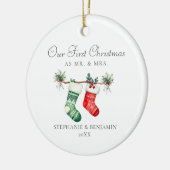 Eerste Kerstmis Mr. Mrs. Kousen Groen Foto Keramisch Ornament (Links)