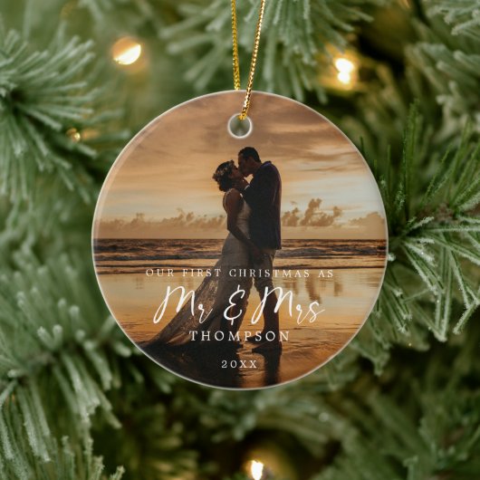 Eerste Kerstmis Mr. Mrs. Passen getrouwd Foto Keramisch Ornament (Boom)