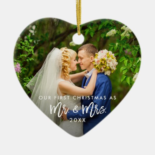 Eerste Kerstmis Mr. & Mrs Photo Brush Script Keramisch Ornament (Voorkant)