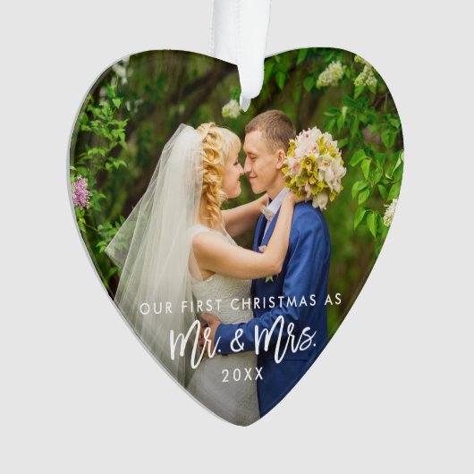 Eerste Kerstmis Mr. & Mrs Photo Brush Script Ornament (voorkant)