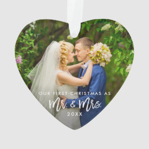 Eerste Kerstmis Mr. & Mrs Photo Brush Script Ornament
