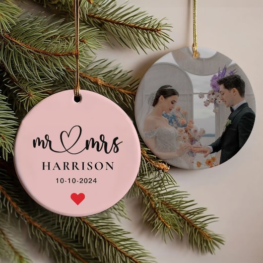 Eerste Kerstmis Mr. & Mrs Photo Brush Script Ornament