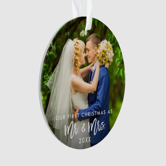 Eerste Kerstmis Mr. & Mrs Photo Brush Script Ornament (voorkant)