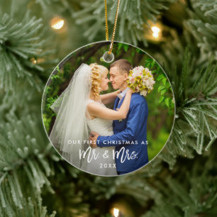 Eerste Kerstmis Mr. & Mrs Photo Brush Script R Keramisch Ornament
