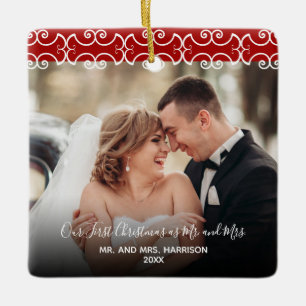 Eerste Kerstmis Mr. & Mrs Red 2 foto 2 zijkant Keramisch Ornament