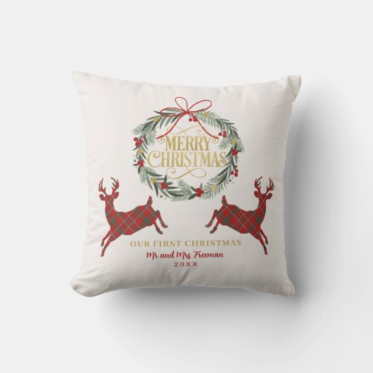 Eerste kerstmis Mr & Mrs Rode geruite kussen (Voorkant)