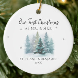 Eerste Kerstmis Mr. Mrs Snow Mountains Foto Keramisch Ornament