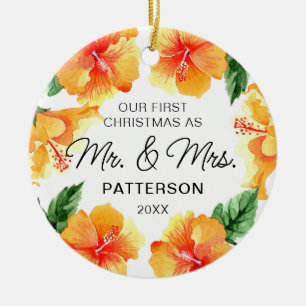 Eerste Kerstmis Mr & Mrs Tropical Floral Foto Keramisch Ornament