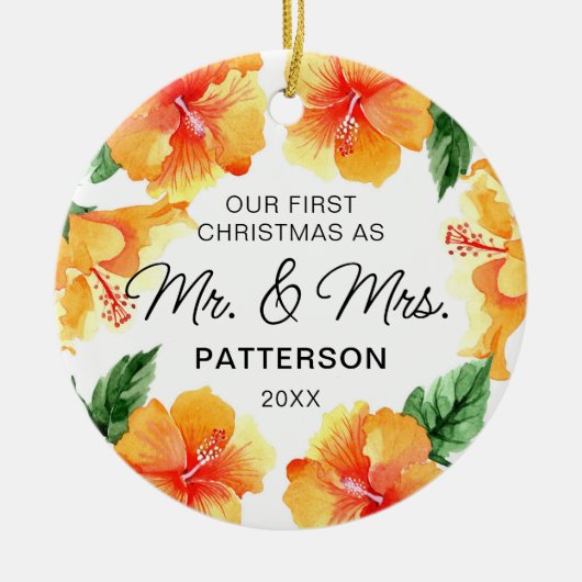 Eerste Kerstmis Mr & Mrs Tropical Floral Foto Keramisch Ornament (Voorkant)