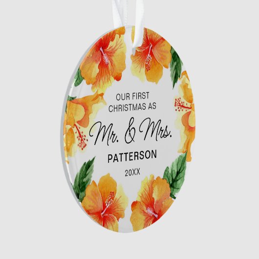 Eerste Kerstmis Mr & Mrs Tropical Floral Foto Ornament (voorkant)
