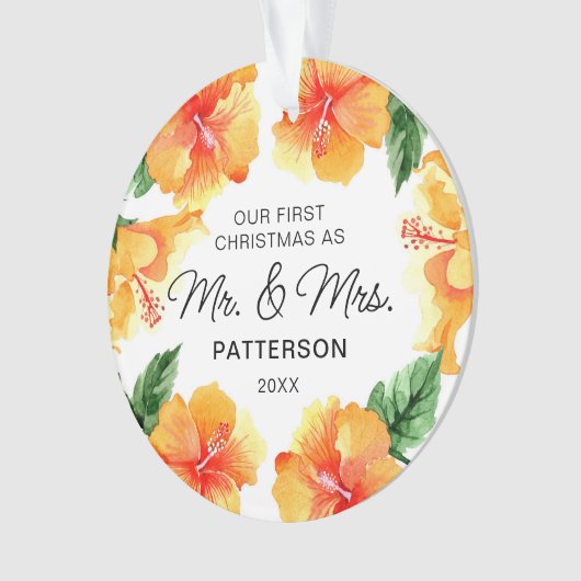 Eerste Kerstmis Mr & Mrs Tropical Floral Foto Ornament (voorkant)