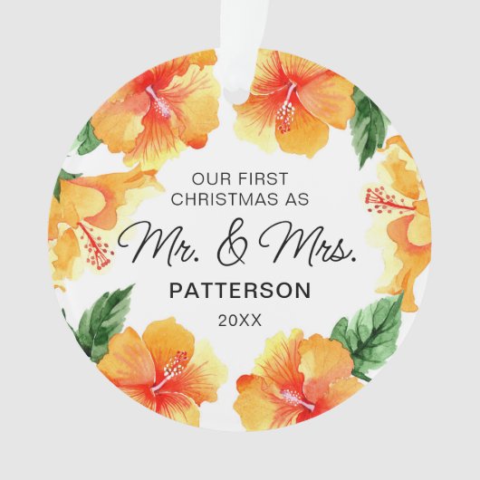 Eerste Kerstmis Mr & Mrs Tropical Floral Foto Ornament (voorkant)