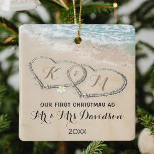 Eerste Kerstmis: Mr & Mrs Tropical Hearts Keramisch Ornament